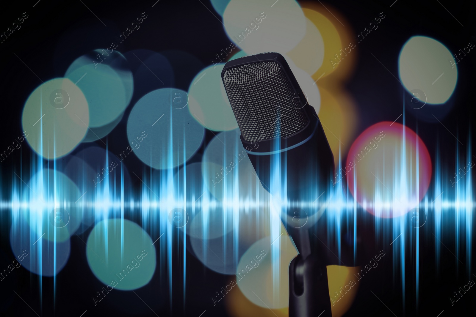 Image of Microphone and radio wave on dark background, bokeh effect