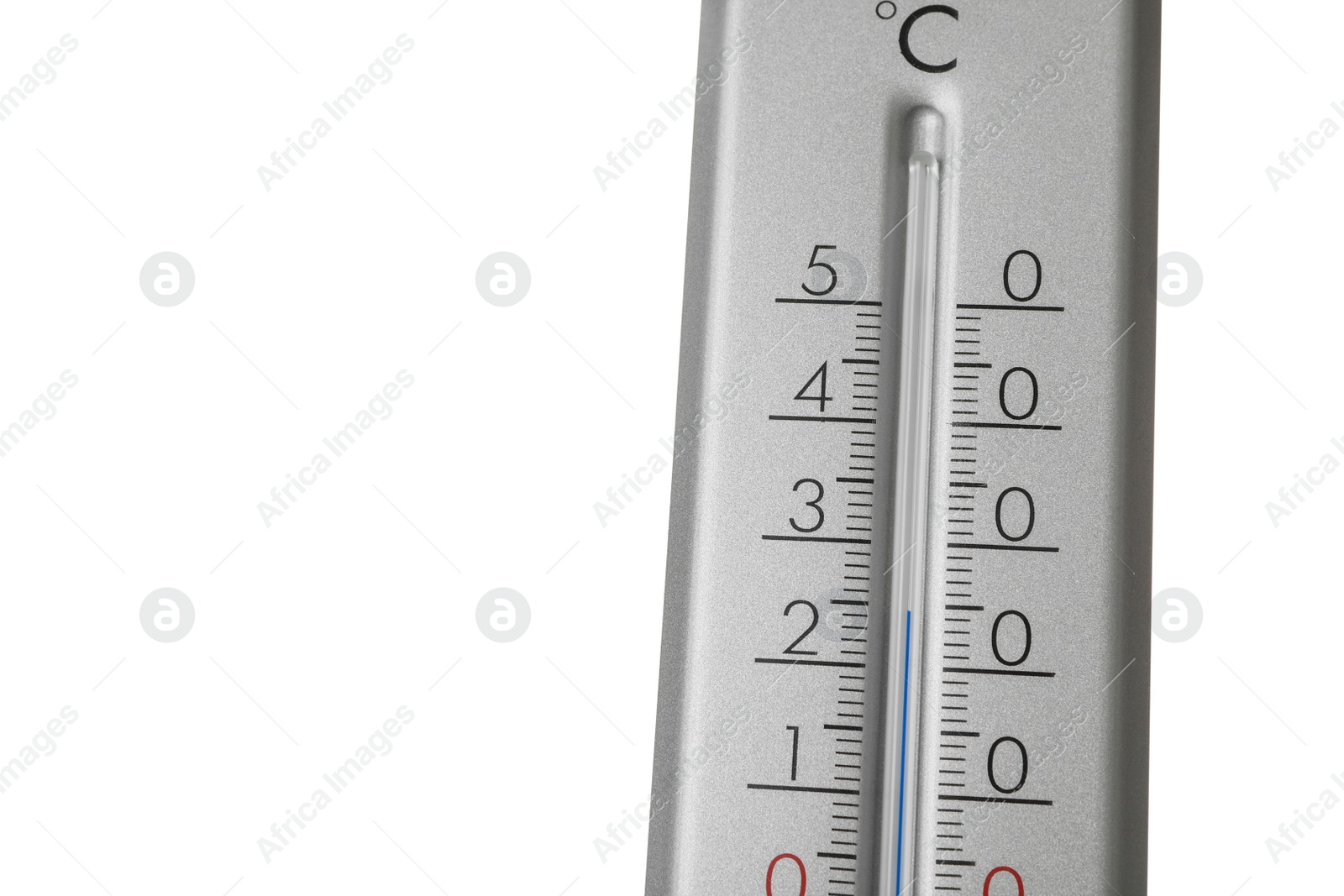 Photo of Modern grey weather thermometer on white background, closeup