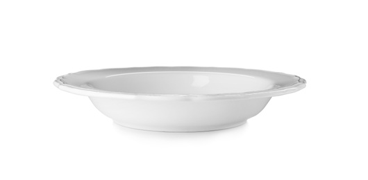 Photo of Ceramic plate on white background. Washing dishes