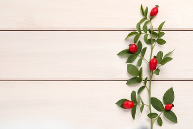 Photo of Rose hip branch with ripe red berries and green leaves on white wooden table, top view. Space for text