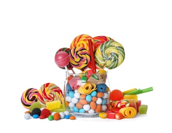 Composition with many different yummy candies on white background