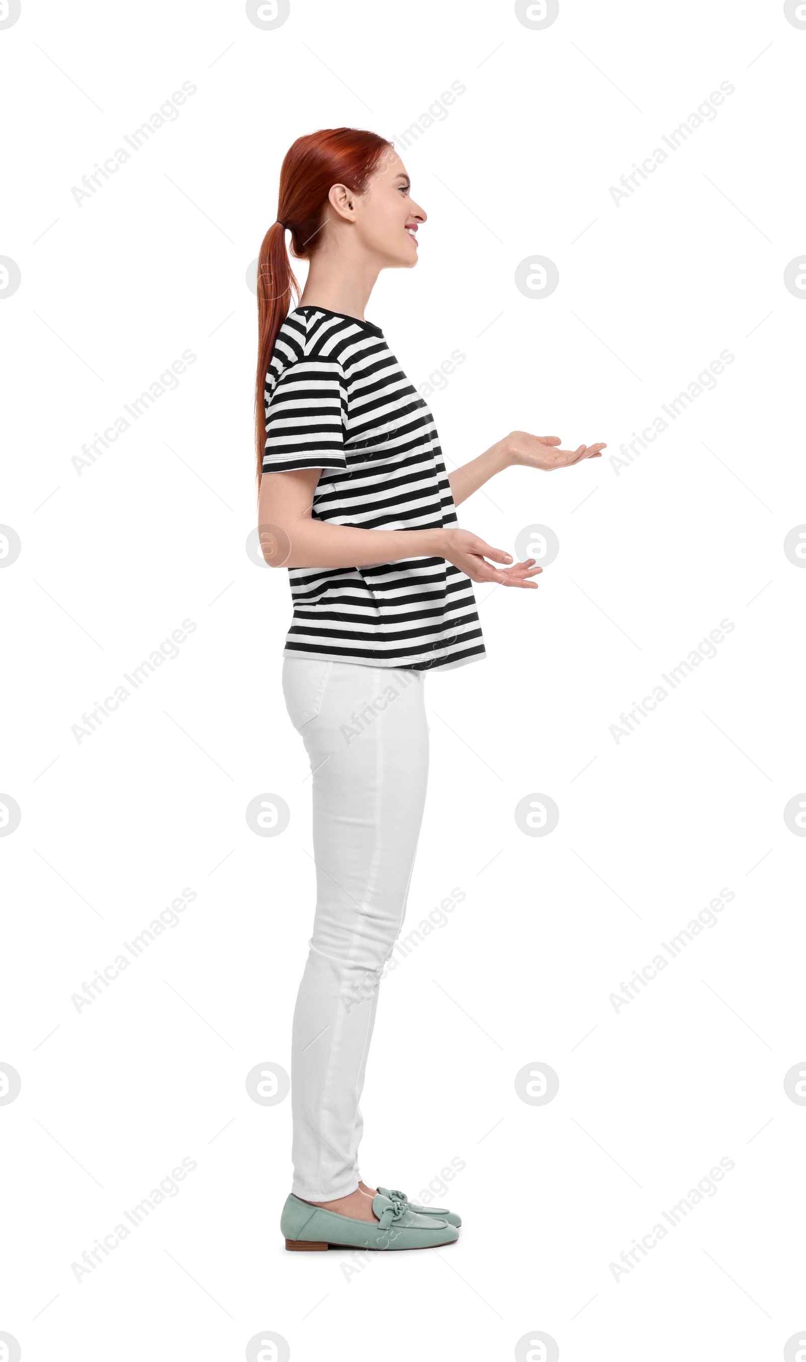 Photo of Portrait of happy woman on white background