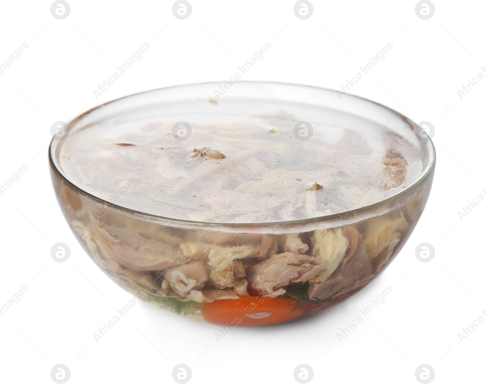 Photo of Delicious homemade aspic with meat in glass bowl isolated on white