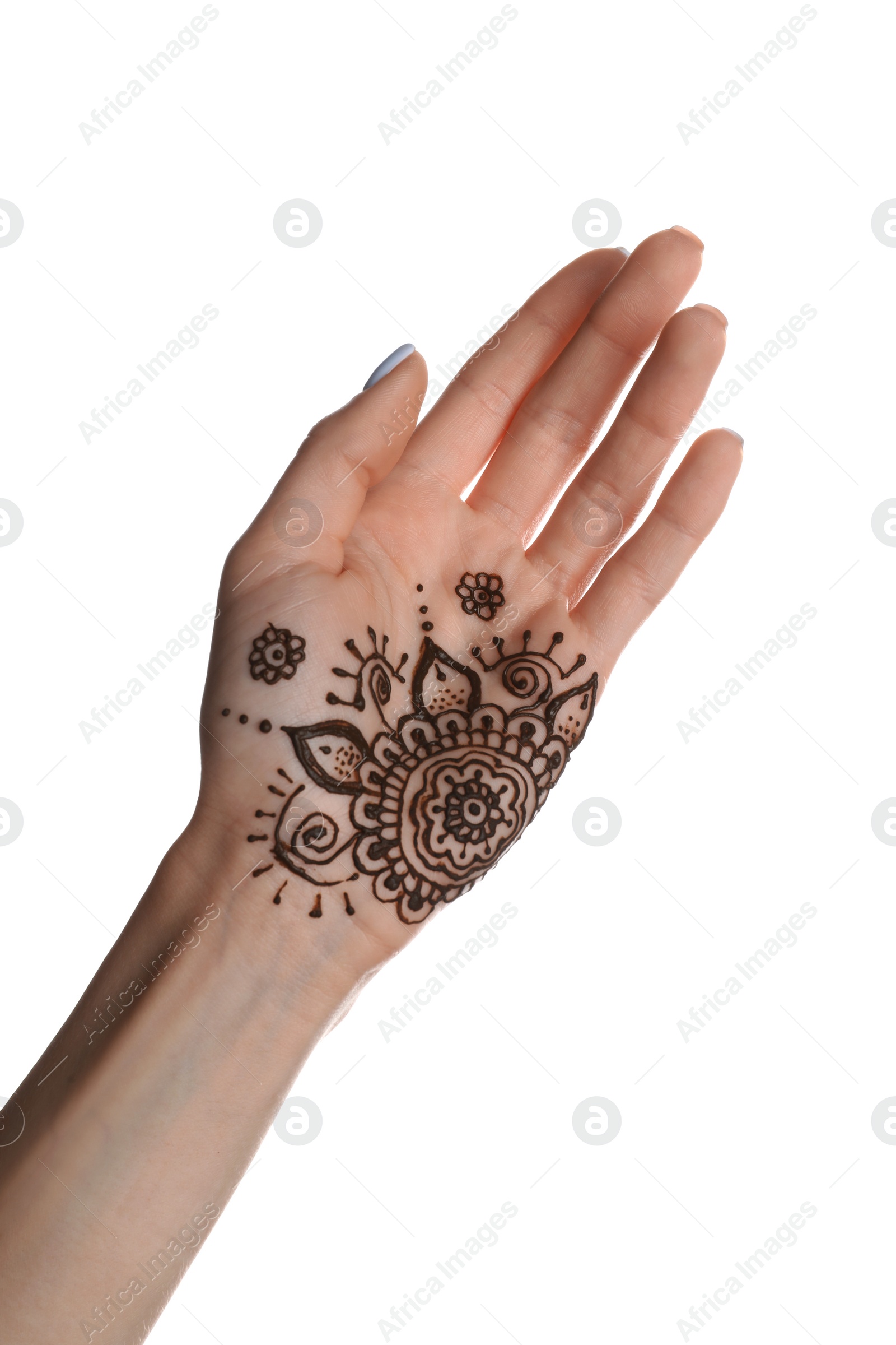 Photo of Woman with henna tattoo on palm against white background, closeup. Traditional mehndi ornament