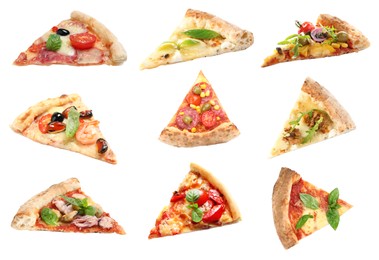Image of Set with slices of different pizzas on white background