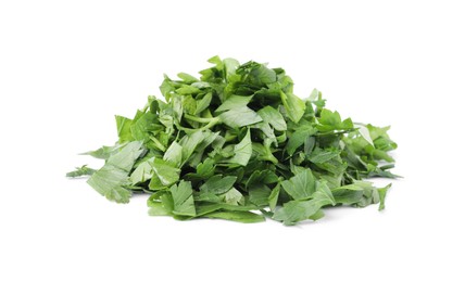 Photo of Heap of chopped parsley leaves isolated on white