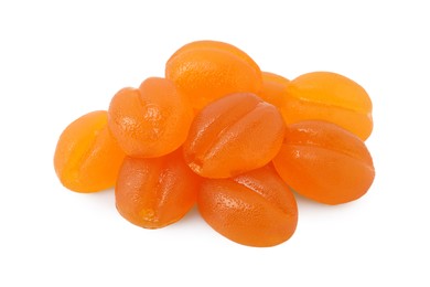 Photo of Pile of delicious fruity gummy candies on white background
