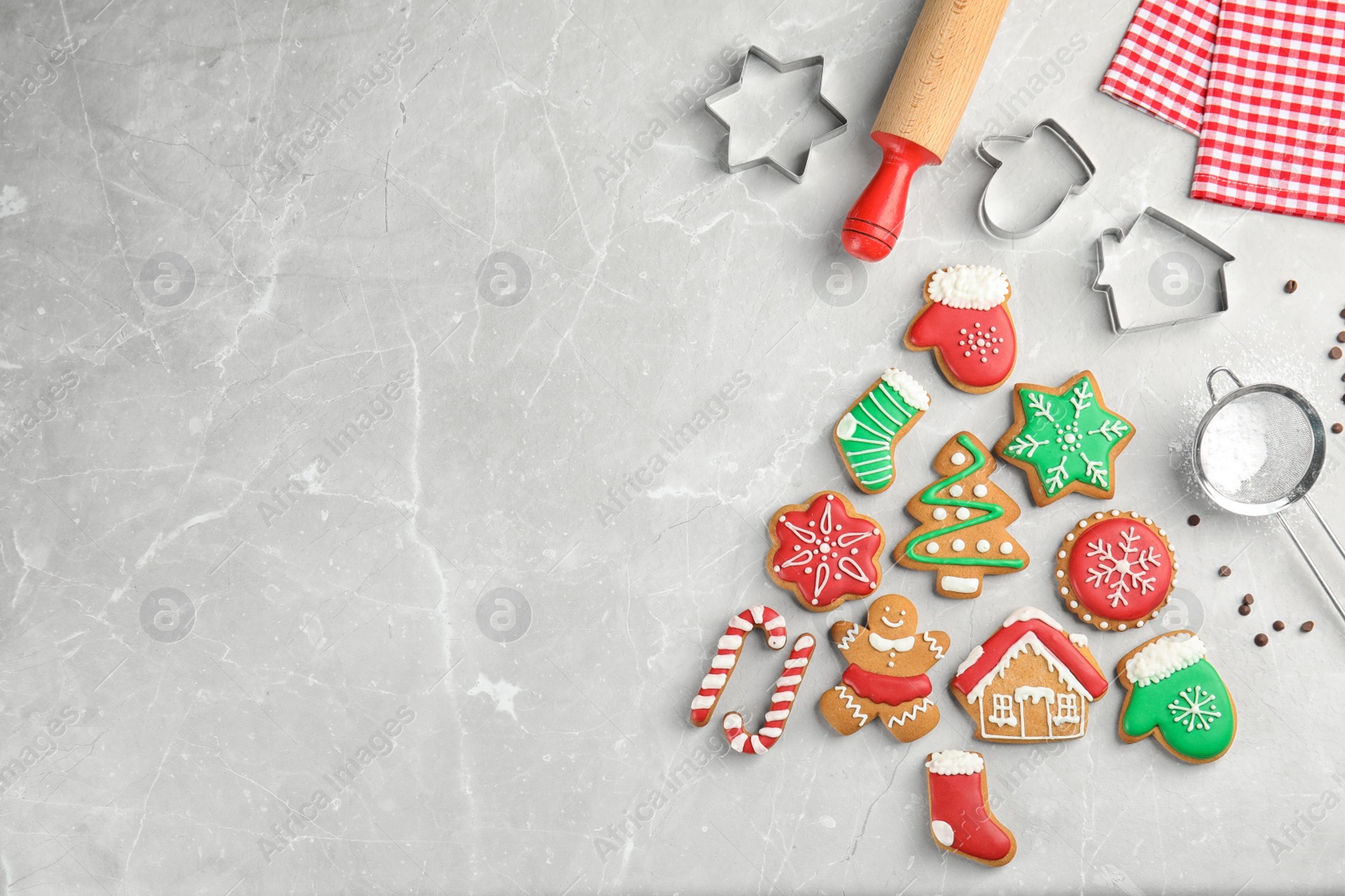 Photo of Tasty homemade Christmas cookies on table, top view