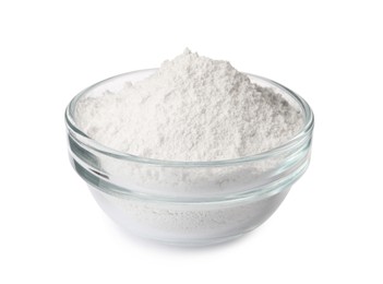 Photo of Glass bowl of tooth powder on white background