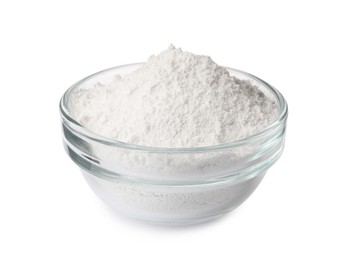 Glass bowl of tooth powder on white background