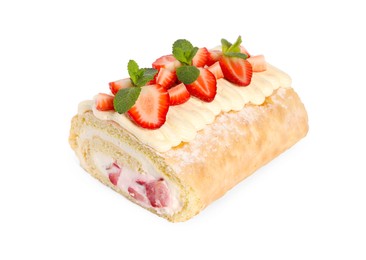 Delicious cake roll with strawberries and mint isolated on white