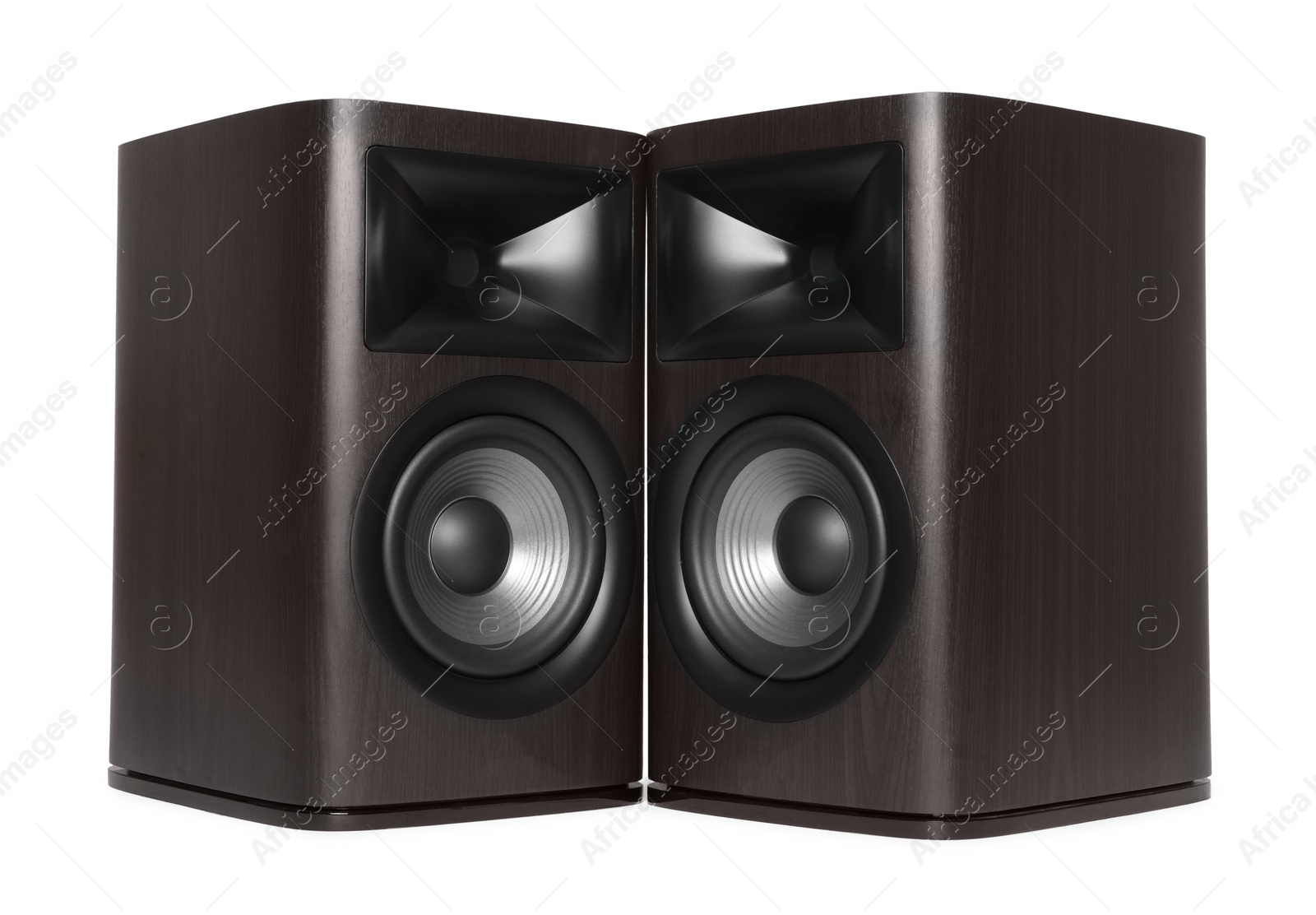 Photo of Two wooden sound speakers isolated on white