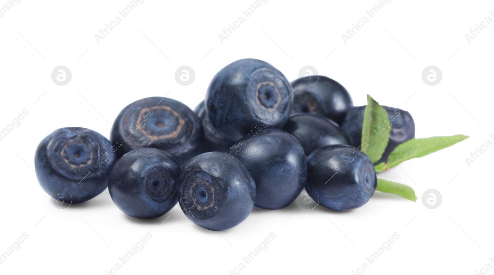 Photo of Tasty ripe bilberries and green leaves isolated on white