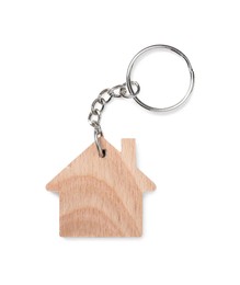 Wooden keychain in shape of house isolated on white, top view