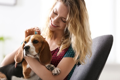 Young woman with her dog sitting in armchair at home