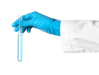 Scientist holding test tube with liquid on white background. Chemical research