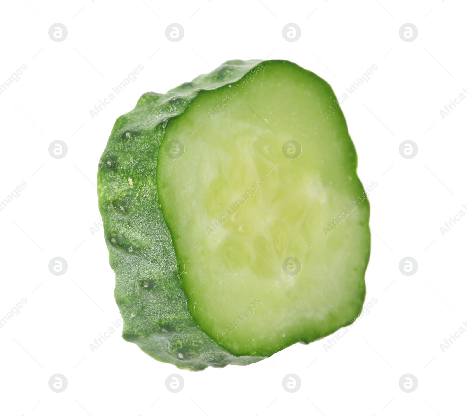 Photo of Slice of fresh cucumber on white background