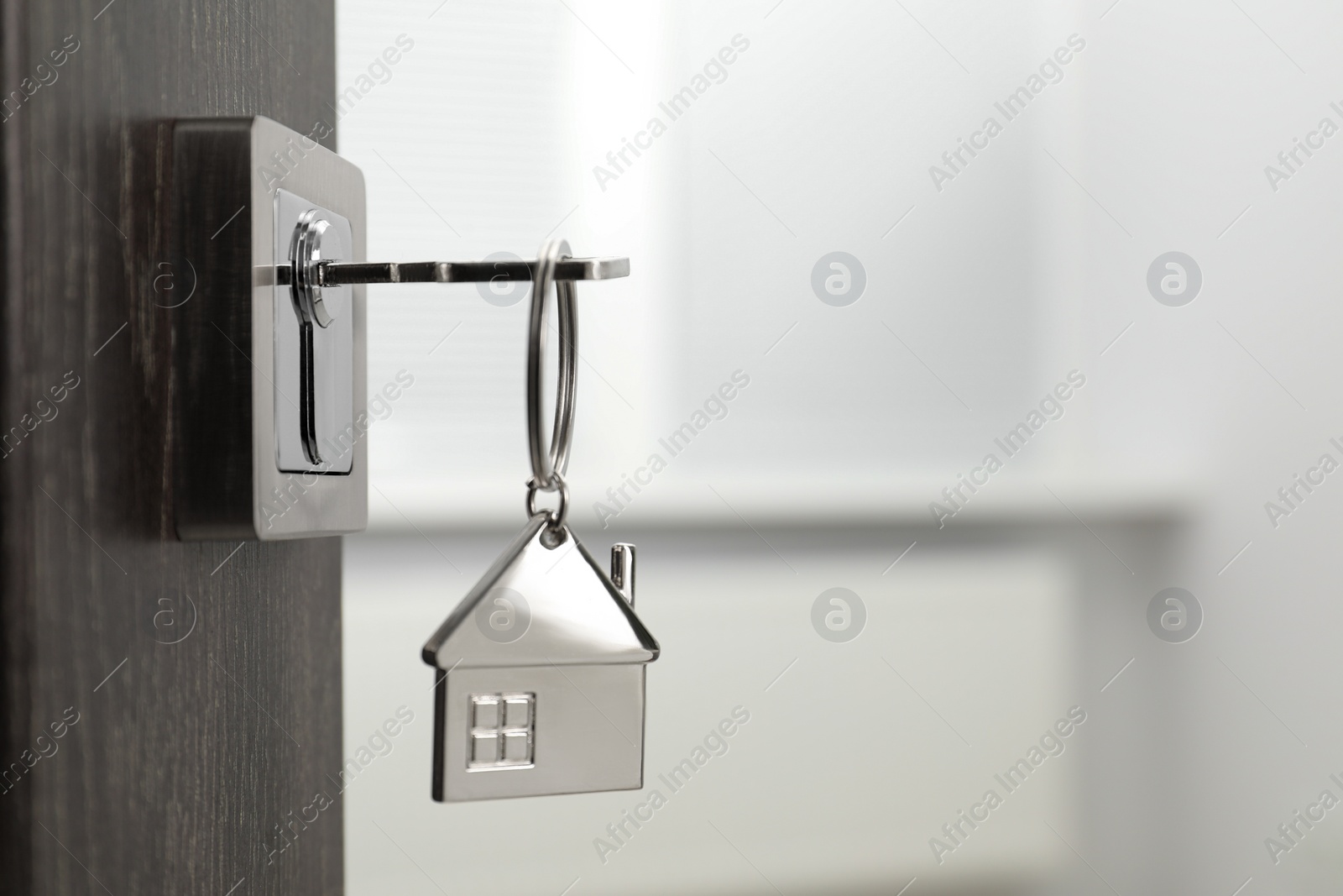 Photo of Mortgage and real estate. Open door with key and house shaped keychain against blurred background, space for text