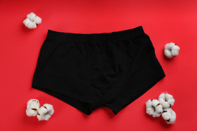 Photo of Men's underwear and cotton flowers on red background, flat lay