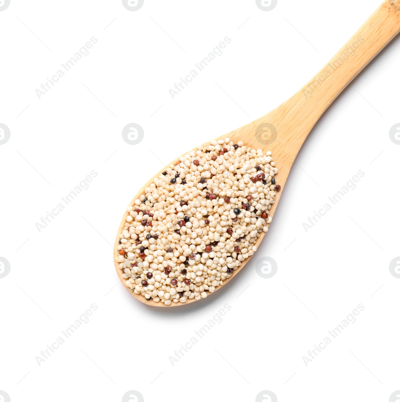 Photo of Raw quinoa seeds in spoon isolated on white, top view