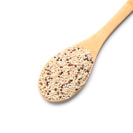 Raw quinoa seeds in spoon isolated on white, top view