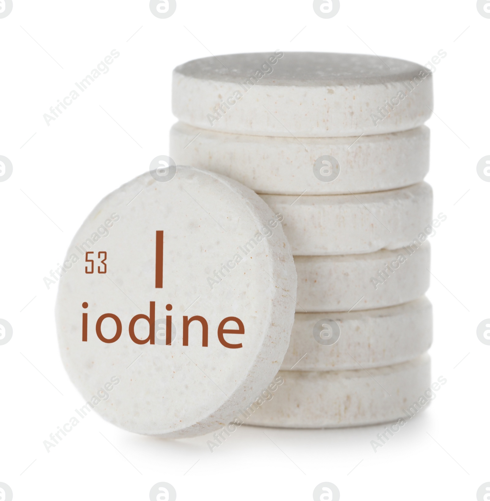 Image of Iodine pills on white background. Mineral element