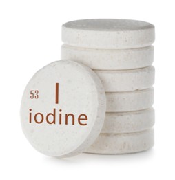 Image of Iodine pills on white background. Mineral element