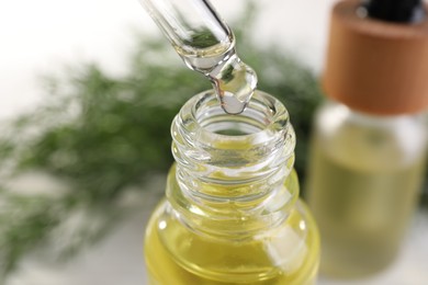 Dripping dill essential oil from pipette into bottle on blurred background, closeup