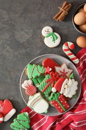Photo of Flat lay composition with delicious homemade Christmas cookies on grey table