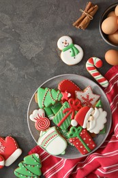 Flat lay composition with delicious homemade Christmas cookies on grey table