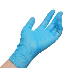 Doctor wearing light blue medical glove on white background, closeup