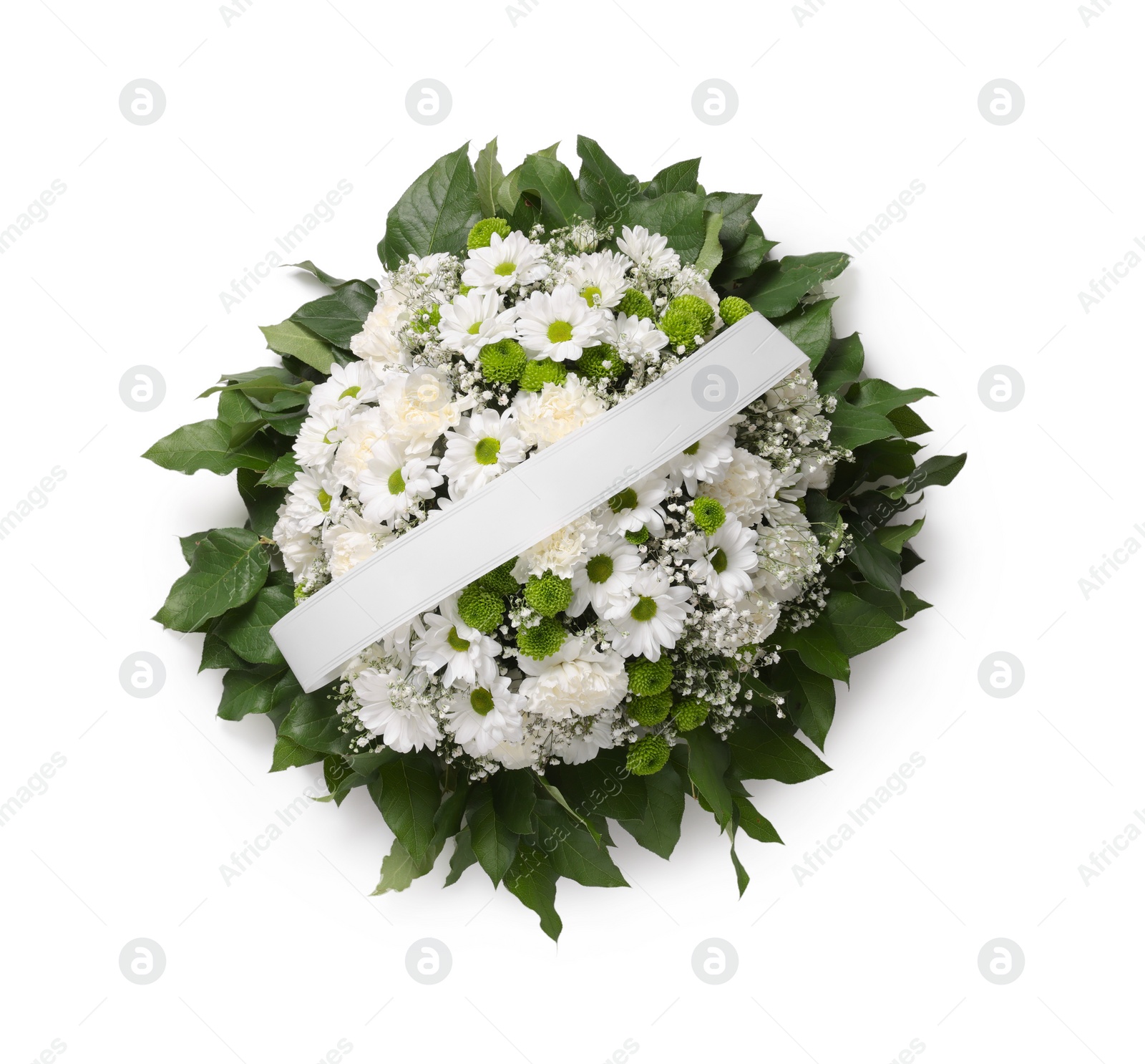 Photo of Funeral wreath of flowers with ribbon on white background, top view