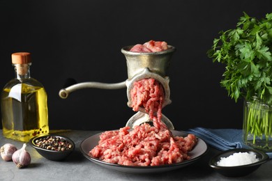 Manual meat grinder with beef mince, spices, oil and parsley on grey table