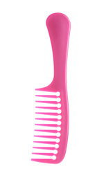 Photo of New pink hair comb isolated on white, top view