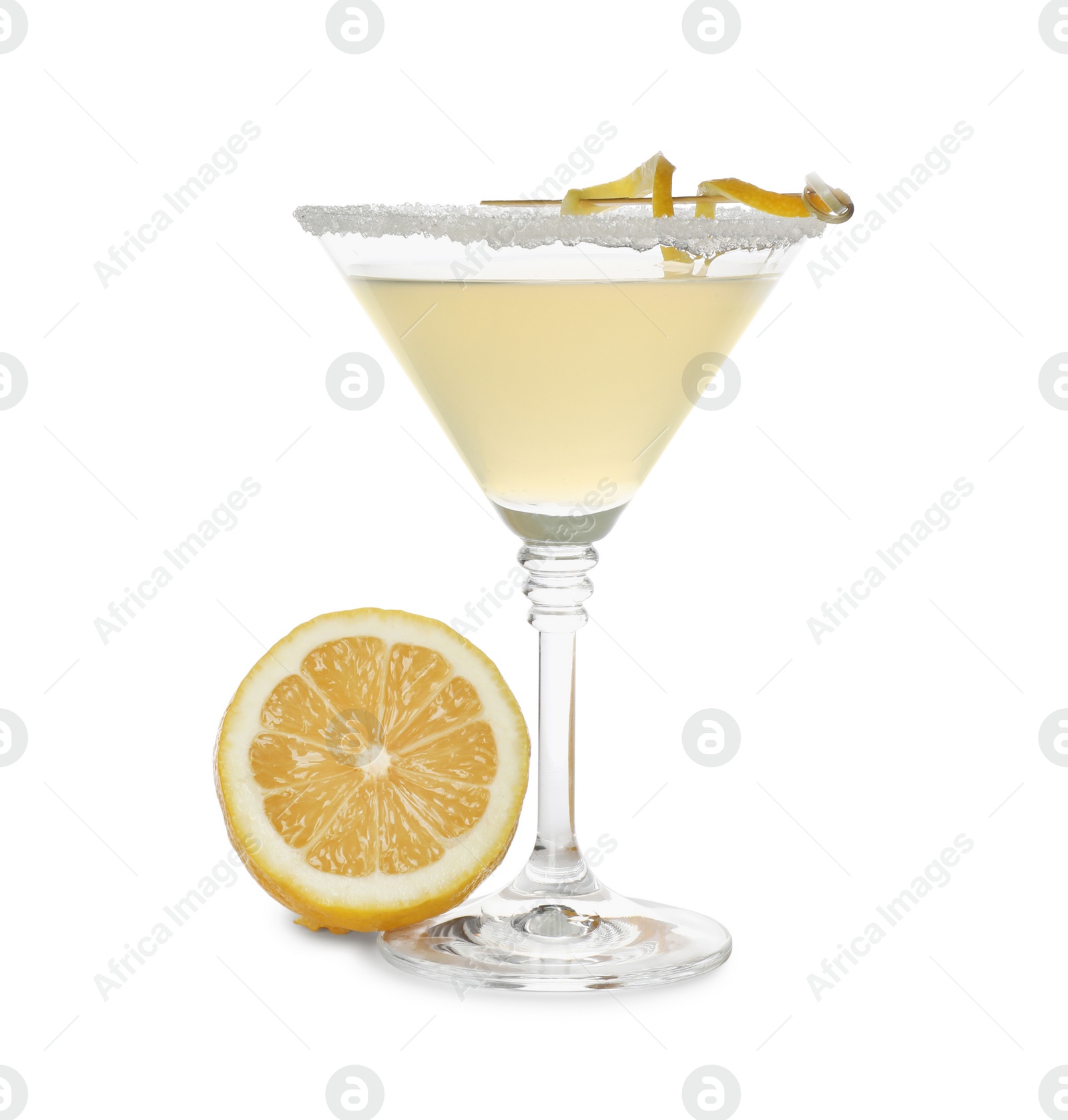 Photo of Lemon drop martini cocktail and fresh fruit on white background