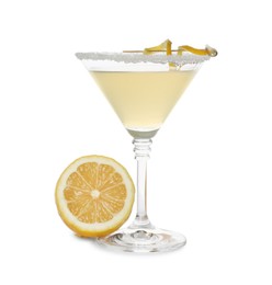 Photo of Lemon drop martini cocktail and fresh fruit on white background