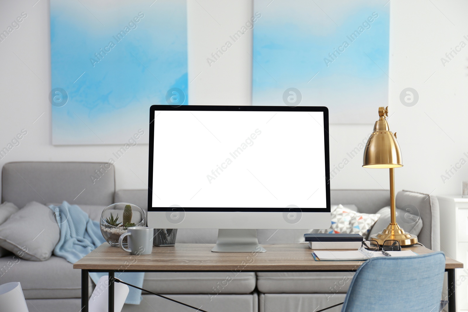 Image of Home workplace with modern computer and desk in room. Mockup for design