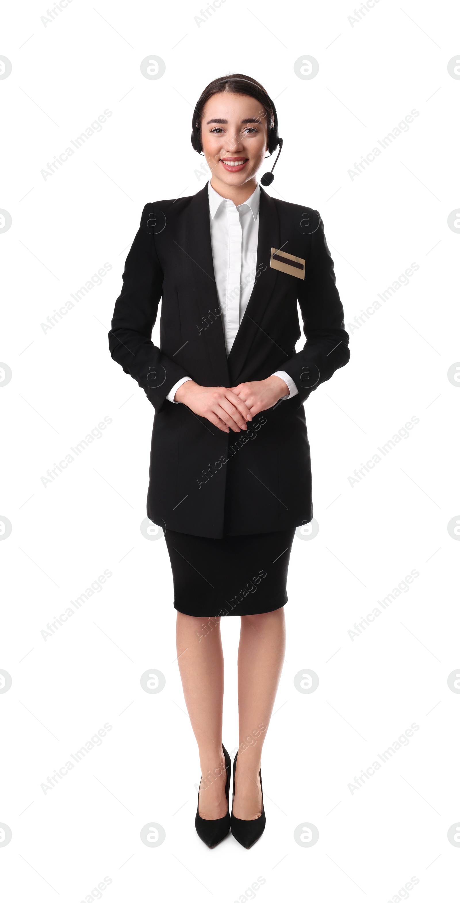 Photo of Full length portrait of receptionist with headset on white background