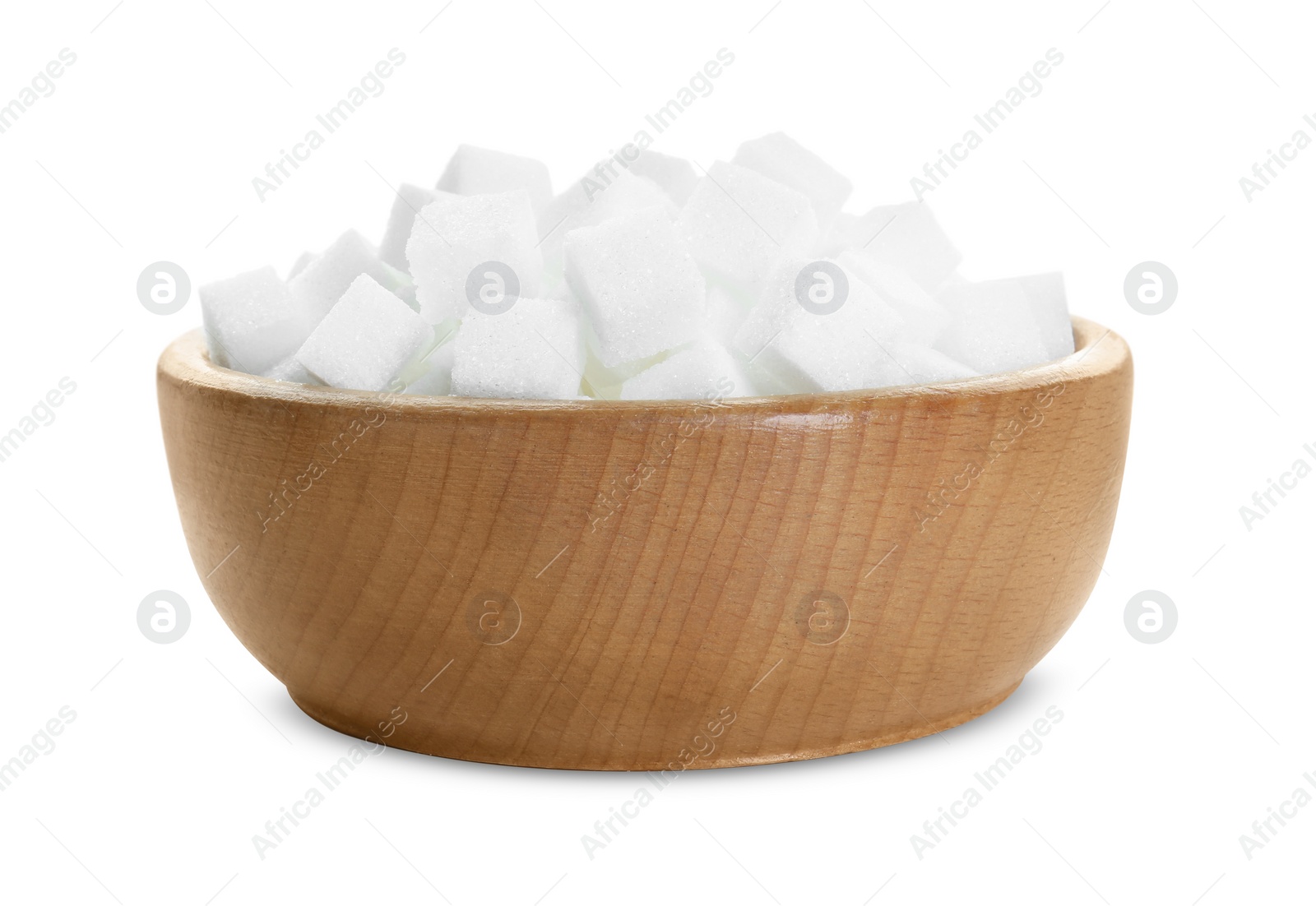 Photo of Sugar cubes in wooden bowl isolated on white