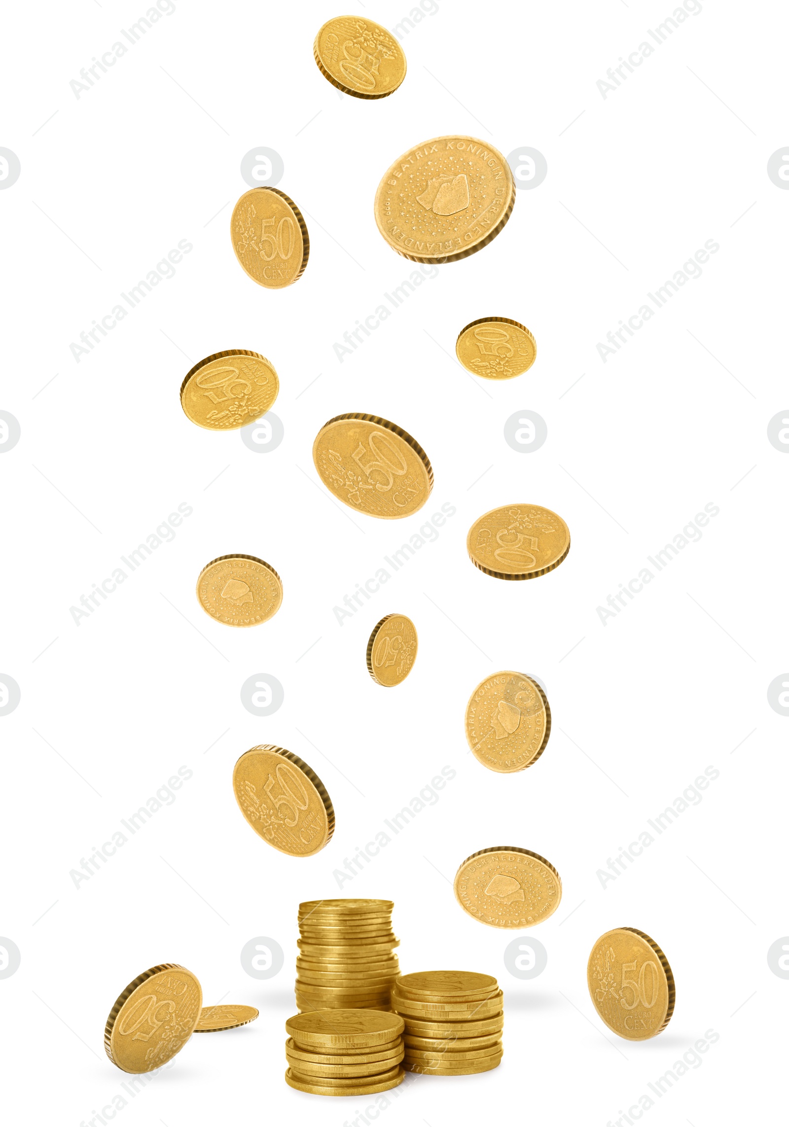 Image of Euro cent coins falling into stacked on white background