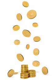 Image of Euro cent coins falling into stacked on white background