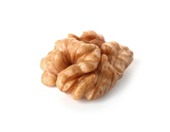 Half of tasty walnut on white background