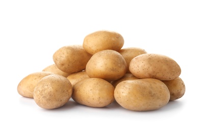 Photo of Fresh ripe organic potatoes on white background