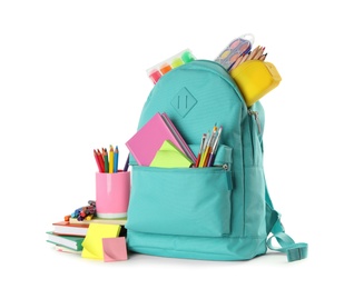 Turquoise backpack with different school stationery on white background