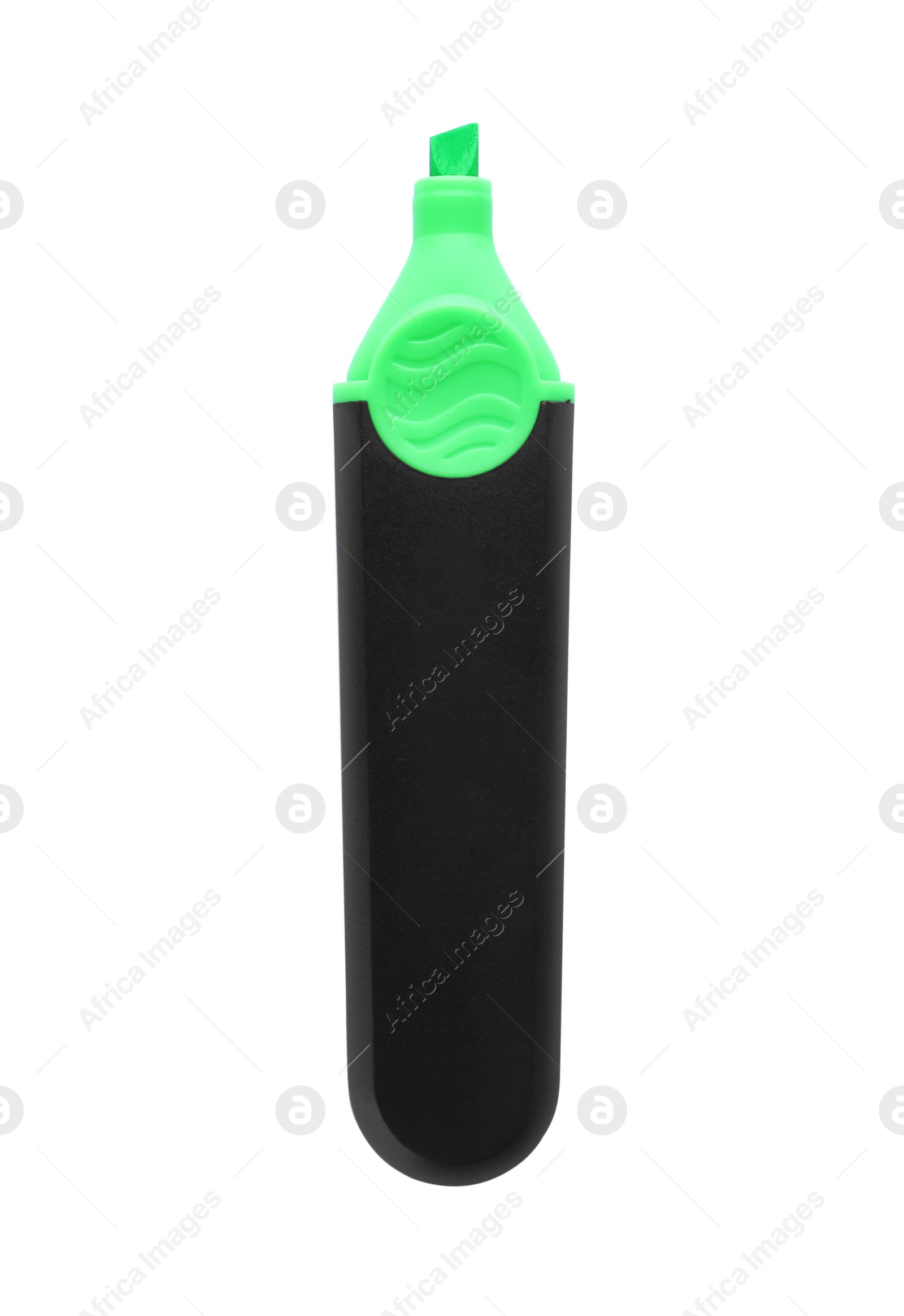 Photo of Bright color highlighter pen isolated on white, top view. School stationery