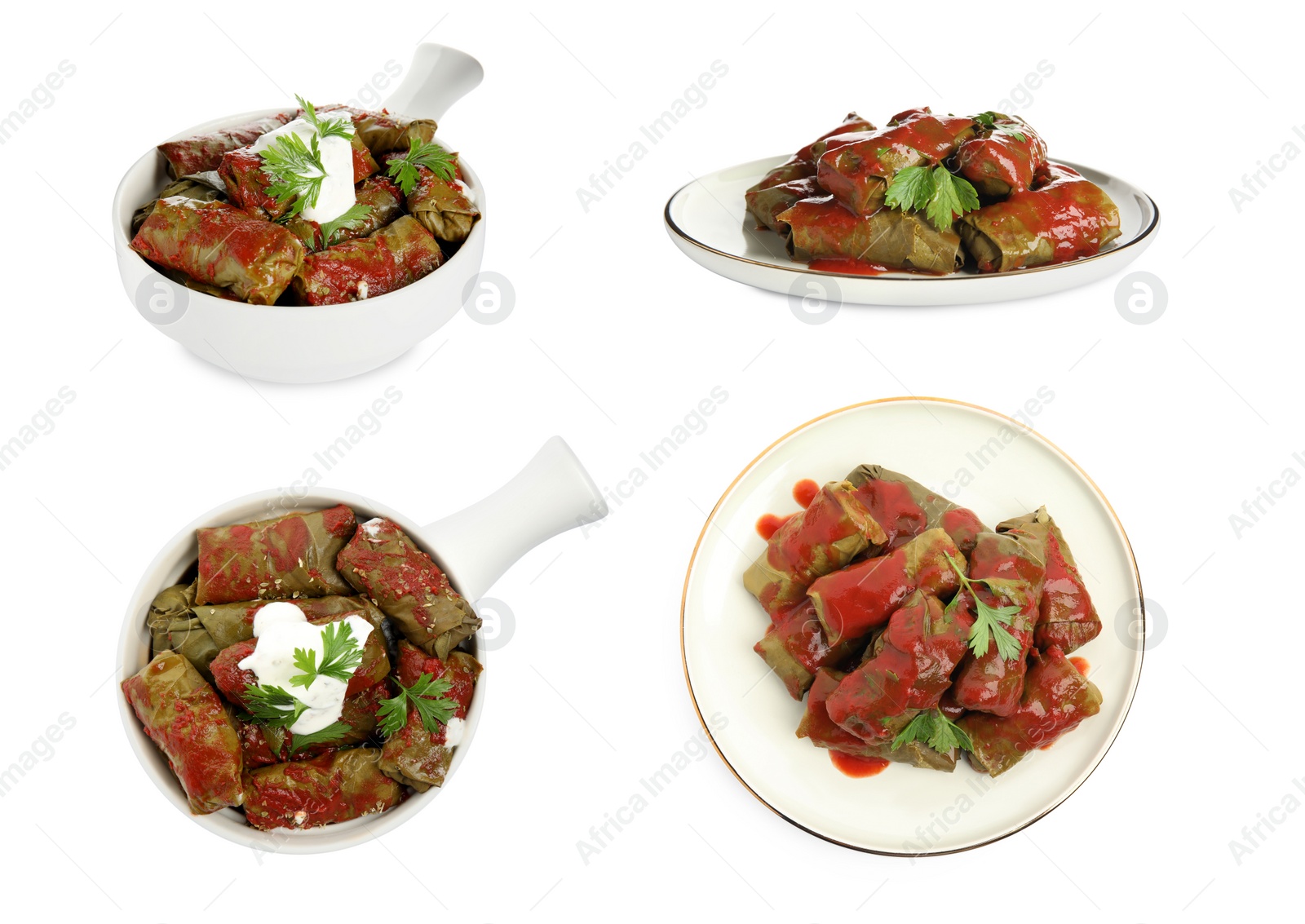 Image of Delicious stuffed grape leaves with tomato sauce on white background, collage 