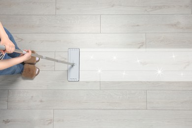 Woman washing floor with mop indoors, top view. Clean trace on dirty surface