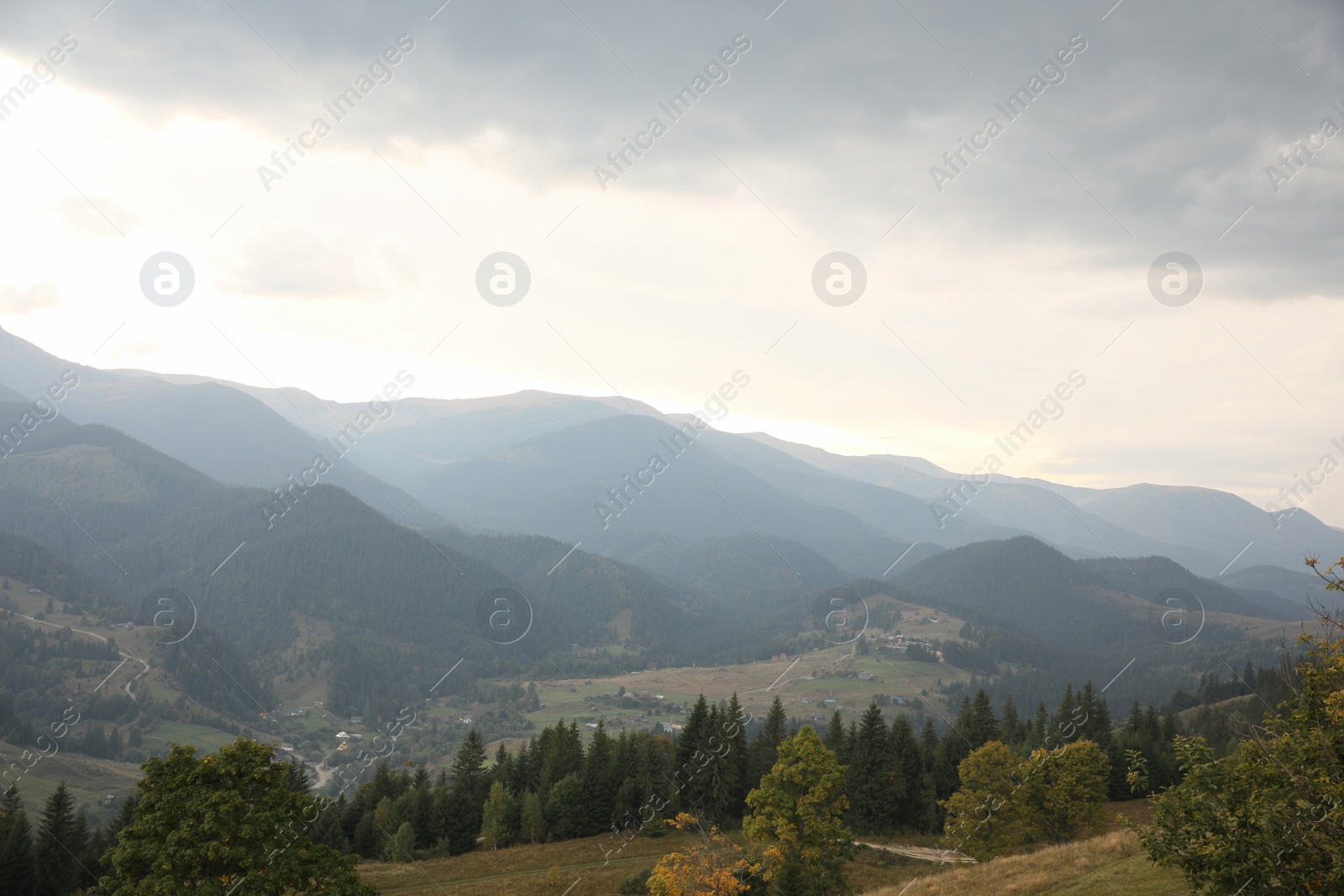 Photo of Picturesque view of beautiful mountains with conifer forest and village