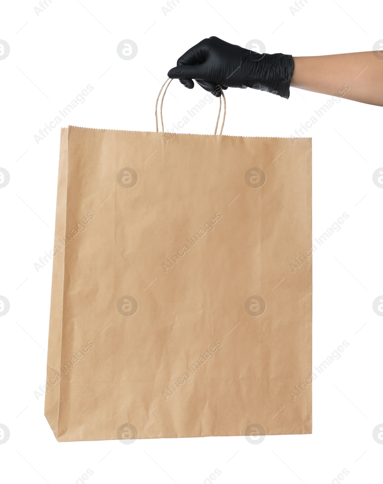 Photo of Woman holding shopping paper bag on white background