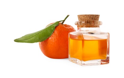 Aromatic tangerine essential oil in bottle and citrus fruit isolated on white